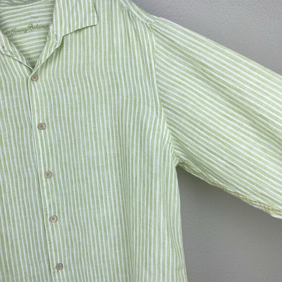 Tommy Bahama Men's Large 100% Linen Button Down Collared Shirt Green White Strip - Picture 6 of 16